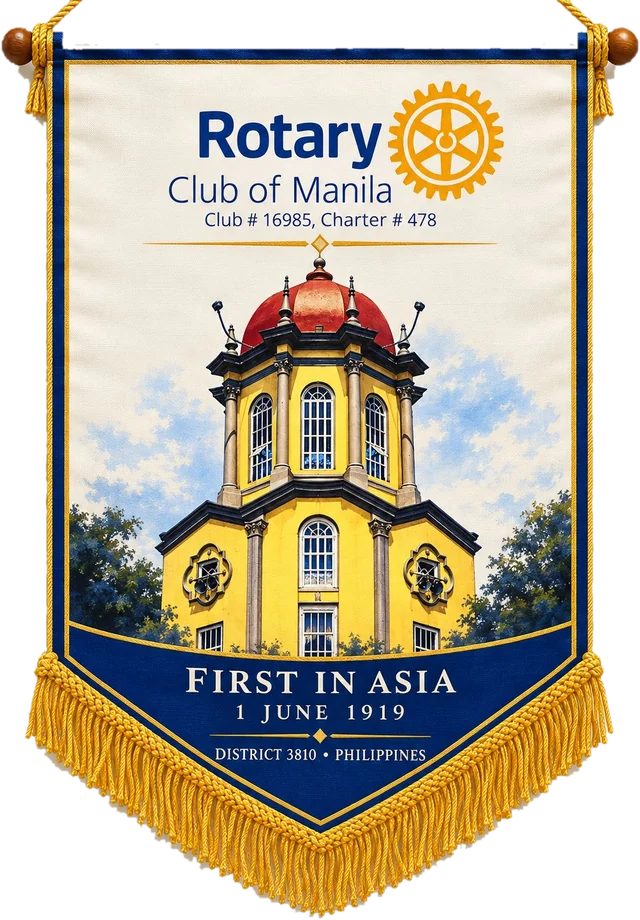 The Rotary Club of Manila bannerette: Club No. 16985, Charter No. 478, First in Asia, 1 June 1919, District 3810, Philippines