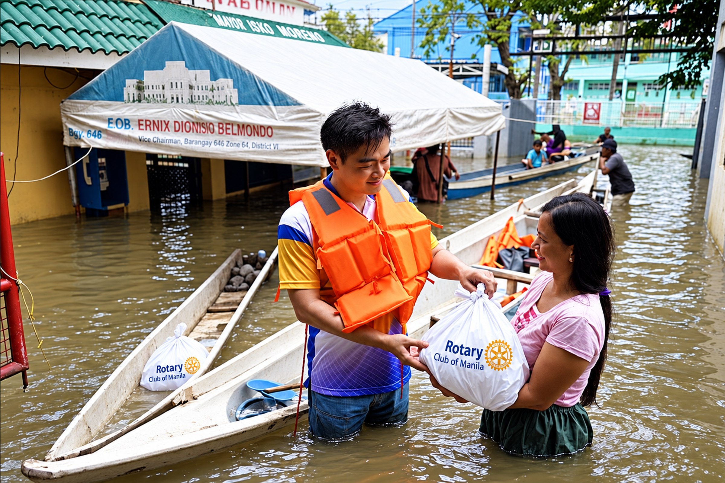 People of Action campaign artwork: a Rotarian in a life vest hands a Rotary Club of Manila relief bag to a woman standing in floodwater beside boats.