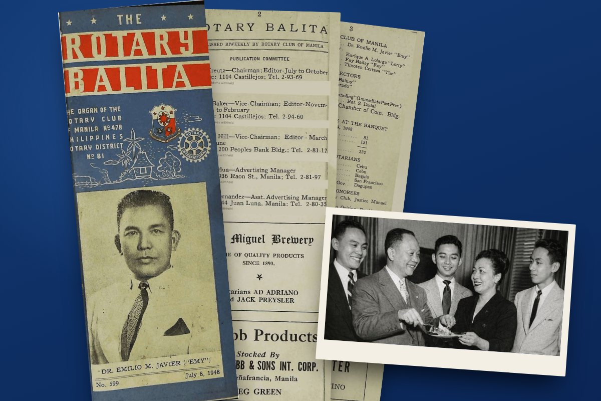 The Rotary Balita of 8 July 1948 with Dr. Emilio Javier on the cover, beside pages from the same issue and a 1936 photograph of Club members